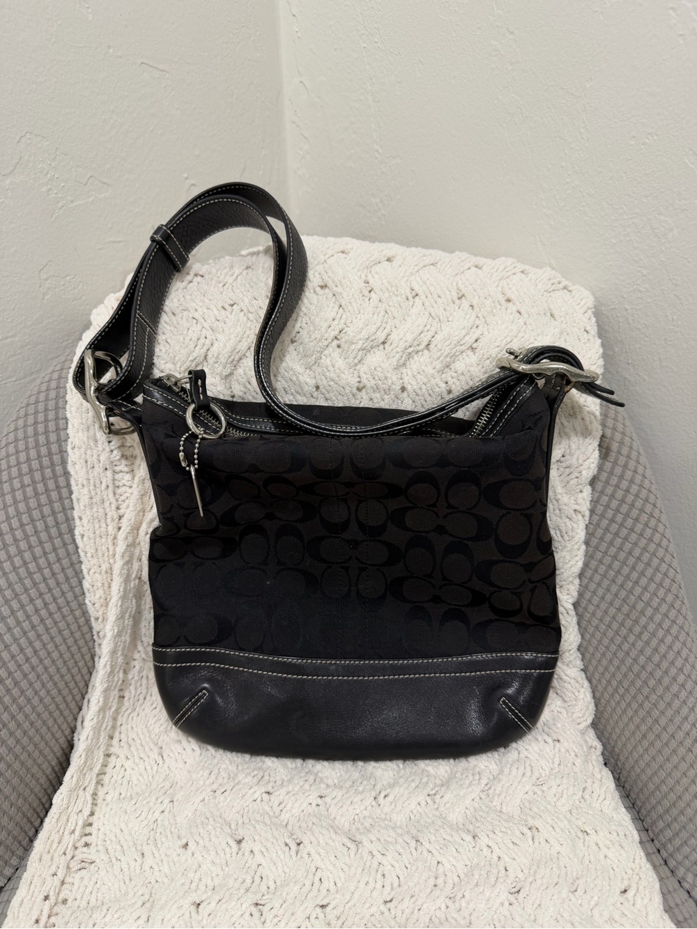 Coach Black Signature Jacquard Shoulder Bag with Leather Trim